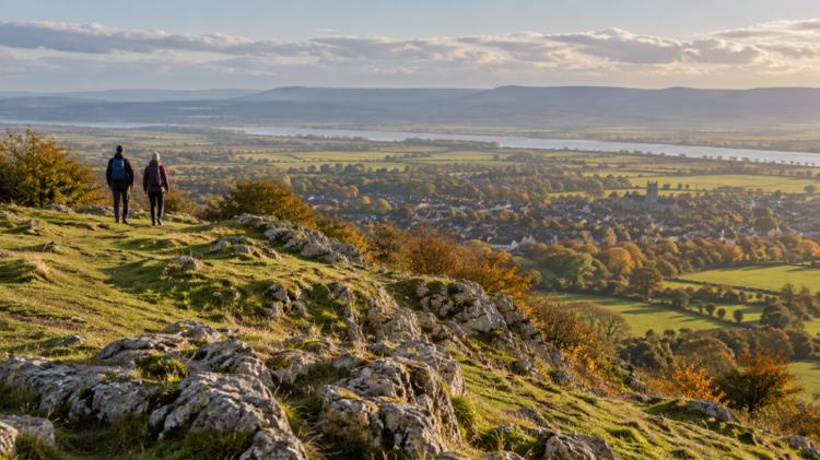 Walkers on a grassy hilltop in autumn looking out over a town and the Severn Vale