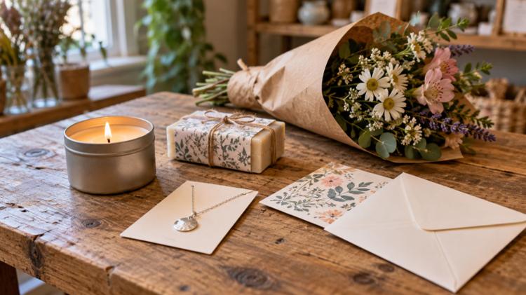 A tin candle, wrapped soap, a silver pendant, an illustrated card and a bouquet in brown paper on a wooden table