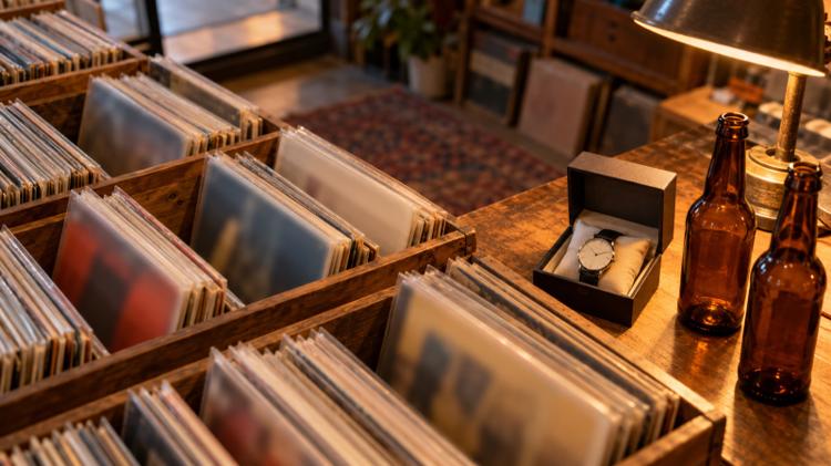 Crates of vinyl records beside a boxed wristwatch and two brown beer bottles on a wooden counter