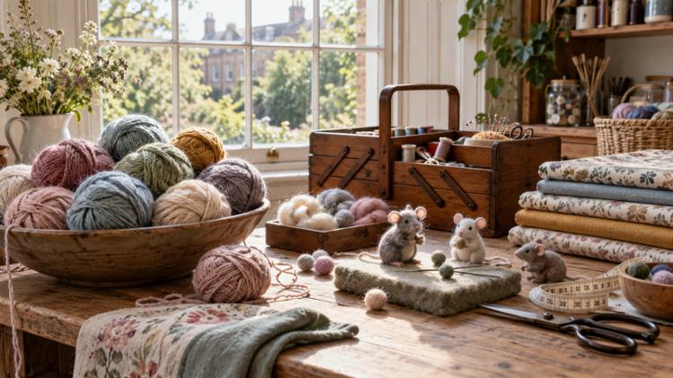 Balls of hand-dyed wool, a wooden sewing box and needle-felted mice on a table by a sash window
