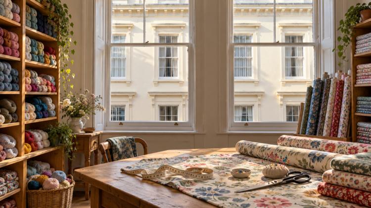 Shelves of coloured yarn and rolls of floral fabric on a cutting table with scissors and a tape measure by tall sash windows