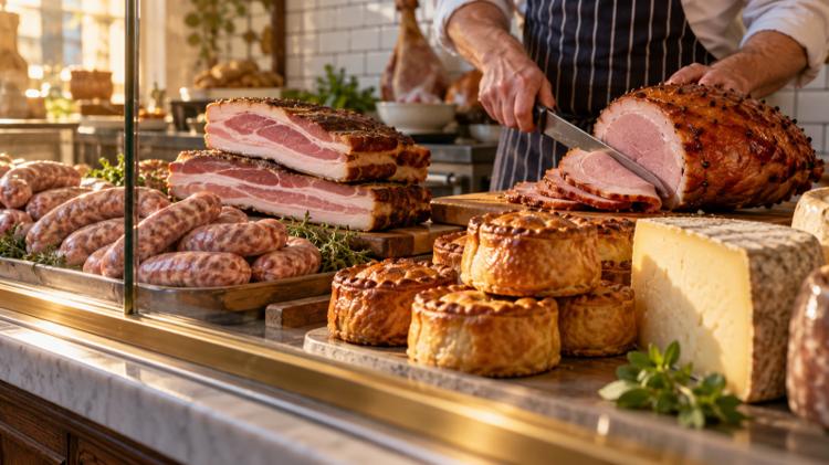 Sausages, bacon, a glazed ham being sliced, pork pies and a wedge of cheese on a deli counter