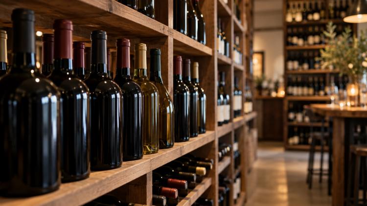 Tall wooden shelves of wine bottles in a warmly lit wine shop and bar