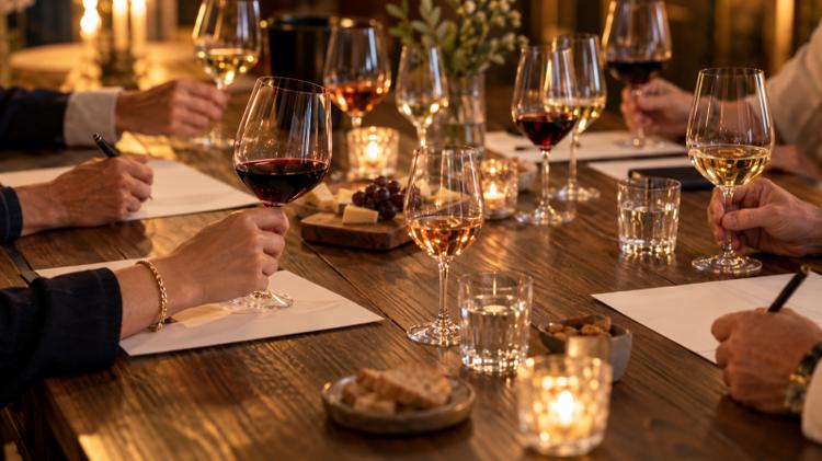 Hands around glasses of red and white wine and tasting notes at a long wooden table during a wine tasting