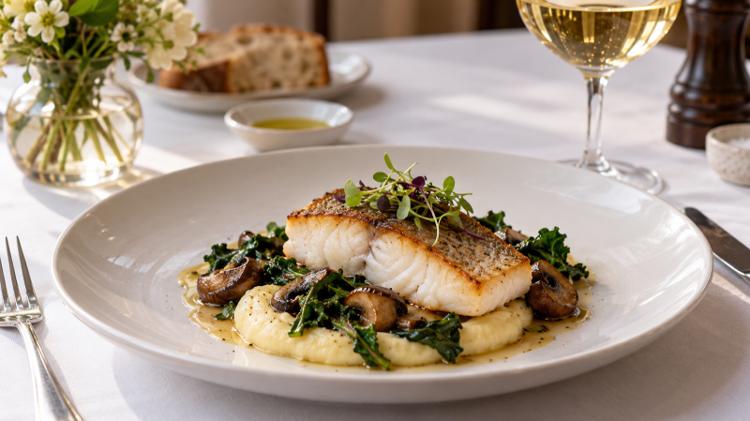 A plated fish course on a white tablecloth with a glass of white wine at lunchtime