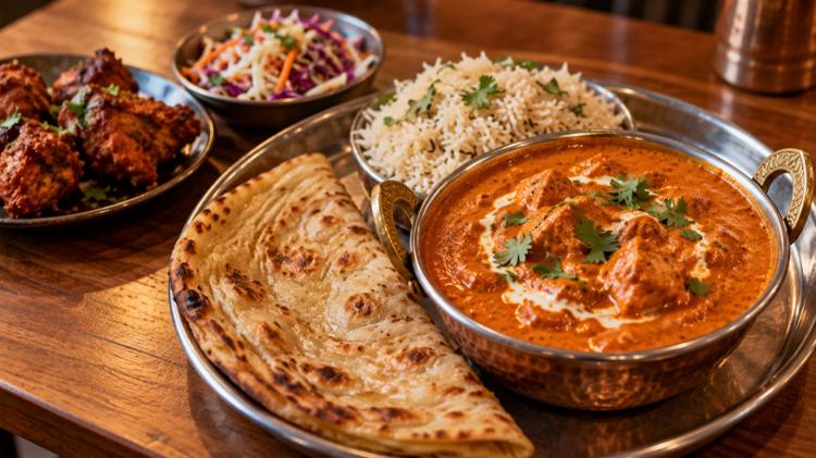 A lunch tray of curry, rice, flatbread and small plates on a wooden restaurant table