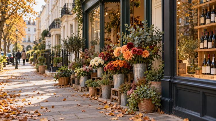 Buckets of autumn flowers and potted plants on the pavement outside a small florist, beside a wine shop window on a quiet street