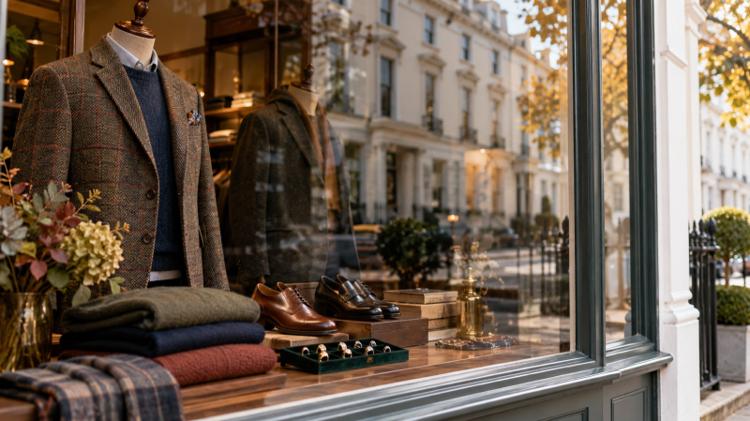 Tailored jackets, folded knitwear, leather shoes and a tray of rings in the bay window of a small boutique, with a cream stucco terrace reflected in the glass