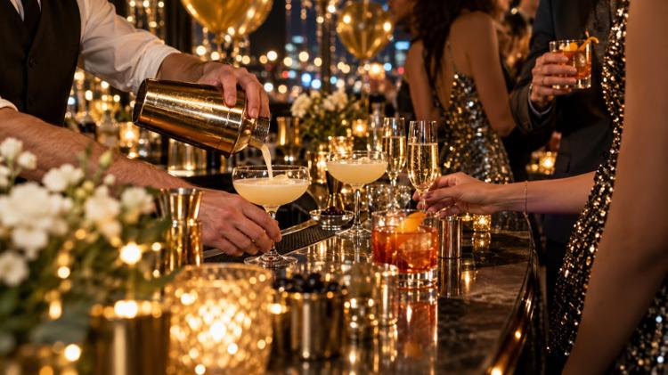 A bartender pouring cocktails at a busy candlelit bar on New Year's Eve, with guests in sequins at the counter