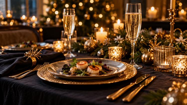 A candlelit New Year's Eve dinner table with a plated starter and champagne flutes, a Christmas tree glowing behind
