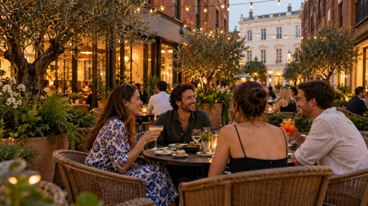 Friends with cocktails and small plates at rattan tables among olive trees and planters in a town centre courtyard at dusk