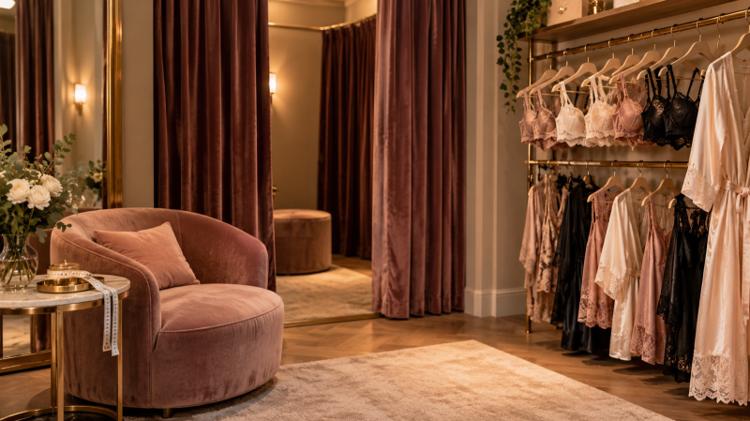 A curtained fitting room, an armchair and a rail of lingerie and silk robes in a softly lit boutique
