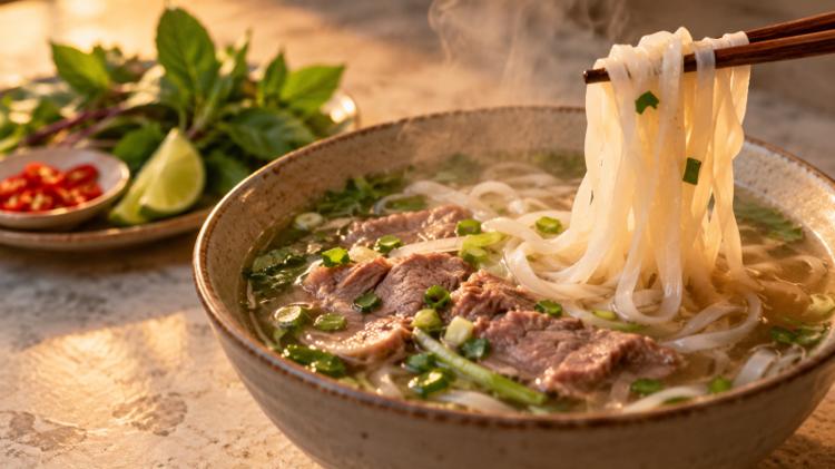 Chopsticks lifting flat rice noodles from a bowl of beef pho, with Thai basil, lime and red chilli behind