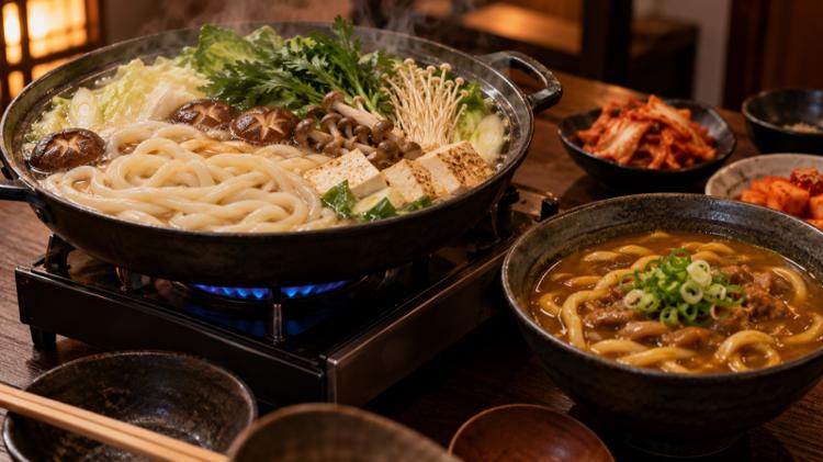 A tabletop hotpot of udon noodles, mushrooms and tofu simmering on a burner beside a bowl of curry udon and kimchi