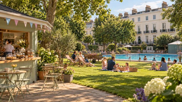 Families on picnic blankets and loungers on a lawn beside an outdoor pool, with a café hatch serving cakes and cream townhouses behind
