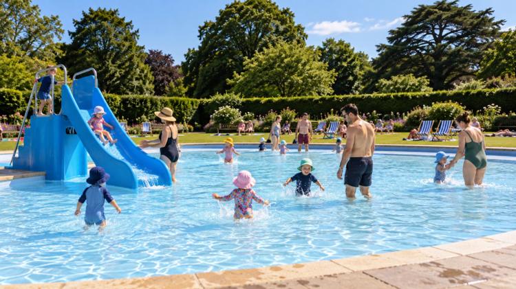 Toddlers in sun hats splashing at the foot of a blue slide in a shallow outdoor children's pool, with parents in the water and deckchairs on the lawn