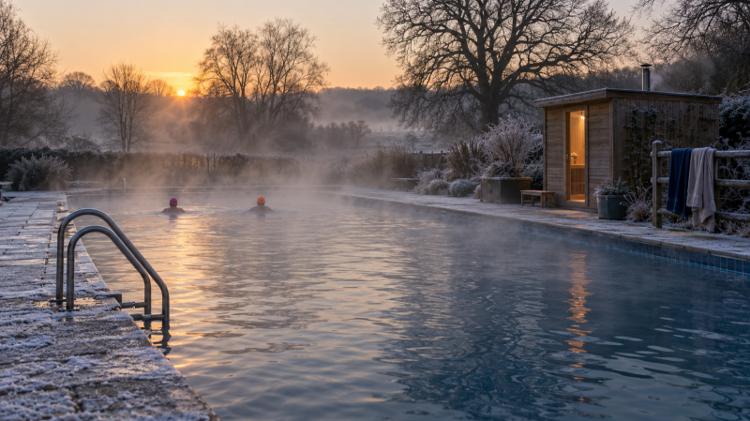 Steam rising off an outdoor pool on a frosty winter morning, two swimmers in bright hats and a timber sauna cabin by the water