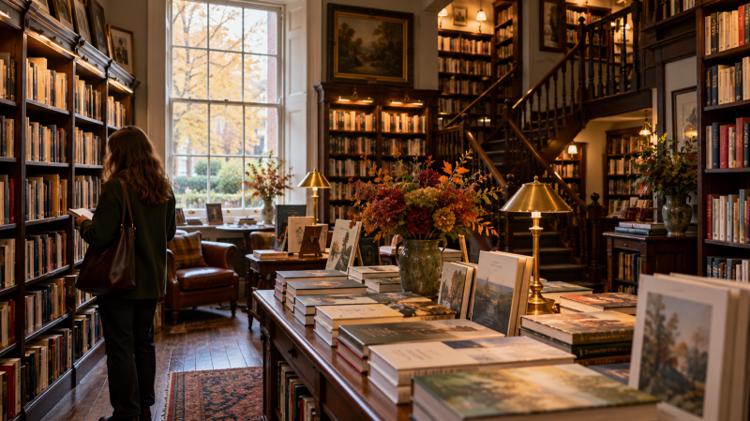 A table of new hardbacks and tall wooden bookshelves under brass lamps in a traditional bookshop with a Georgian sash window