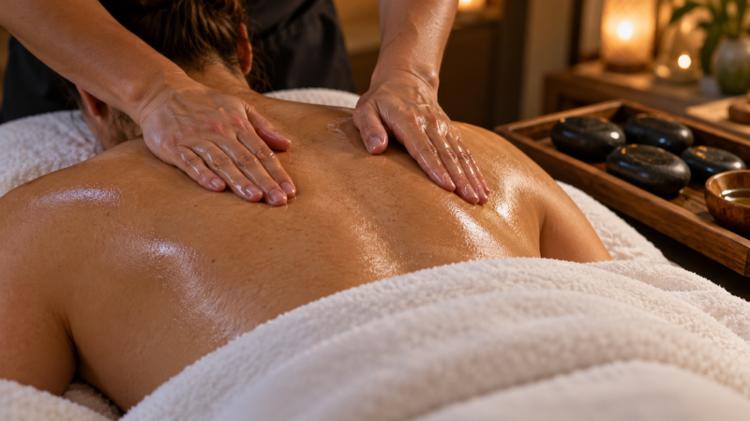 A therapist's hands giving an oil back massage, with a tray of dark hot stones beside the couch