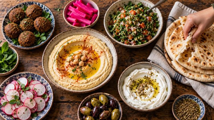 Hummus, falafel, tabbouleh, labneh, pickles and flatbread on a wooden table seen from above