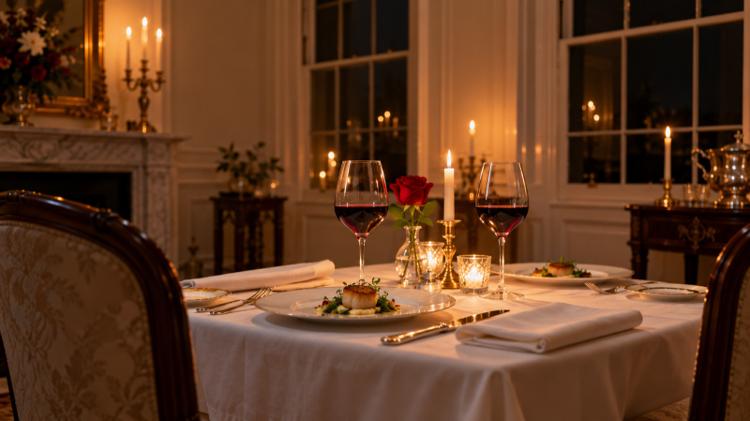A candlelit table for two with wine glasses and a single red rose, in a Regency dining room with tall sash windows