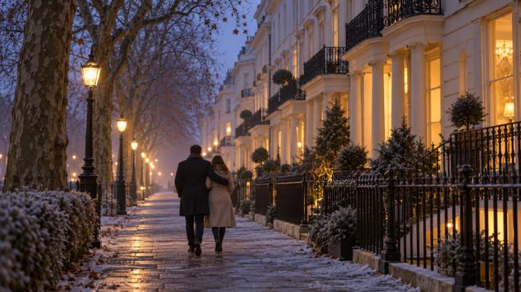 A couple walking arm in arm past cream Regency terraces with wrought-iron balconies on a frosty February evening