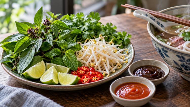 A plate of Thai basil, mint, coriander, beansprouts, lime and red chilli beside a bowl of beef pho