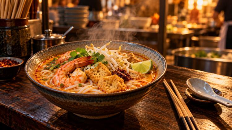 A bowl of coconut curry laksa with prawns, tofu, beansprouts and lime on a wooden counter