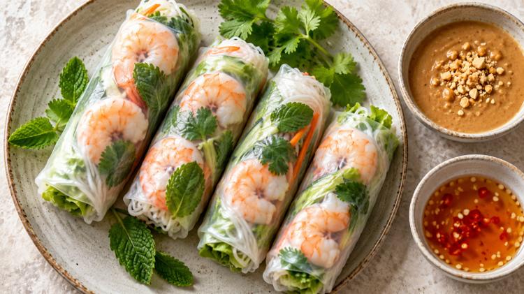 Fresh rice paper summer rolls with prawns and herbs, with peanut and chilli dipping sauces