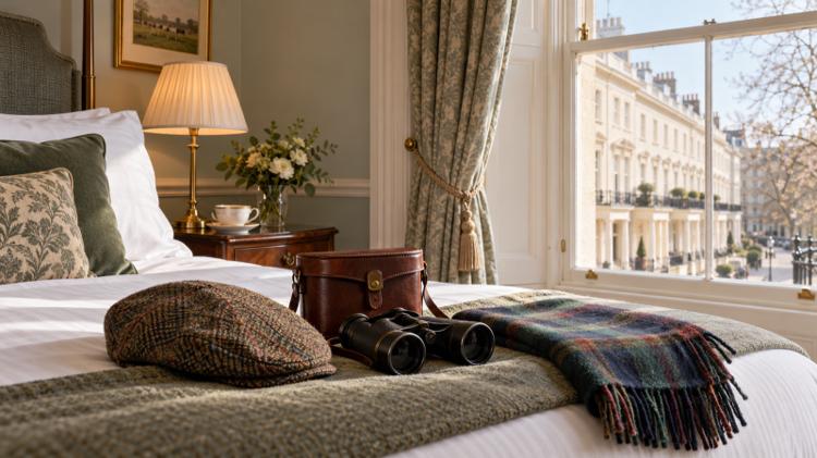 A tweed flat cap, binoculars in a leather case and a tartan scarf on a hotel bed in a Regency room in Cheltenham