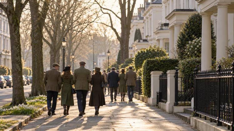 Racegoers in tweed jackets and flat caps walking along a tree-lined Regency avenue in Cheltenham on a spring morning