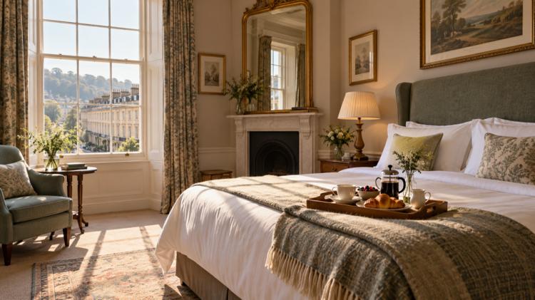 A sunny Regency hotel bedroom with a breakfast tray on the bed and a view of a cream terrace from the tall sash window