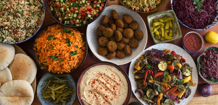 Falafel, hummus, flatbreads, carrot salad and roasted vegetables from Habibah, Cheltenham