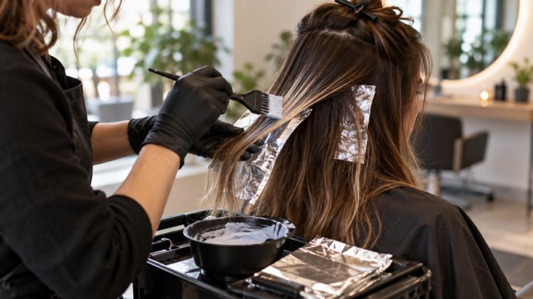A colourist painting balayage onto long brown hair with foils and a bowl of lightener on the trolley beside her
