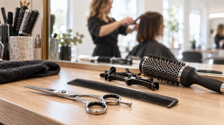 Cutting scissors, a comb, sectioning clips and a round brush on a salon counter, with a stylist cutting a client's hair in the mirror behind