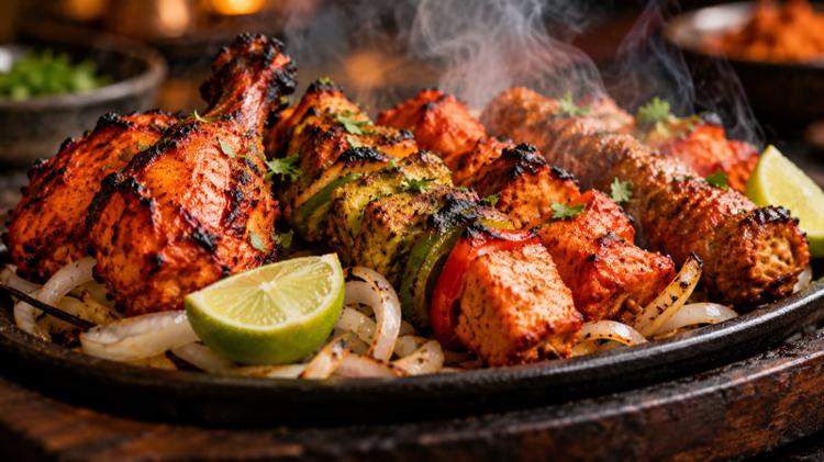 Sizzling tandoori chicken and paneer tikka on a hot iron platter with lime and onions, smoke rising