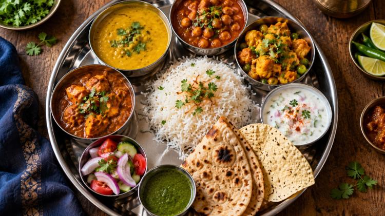 A steel thali platter of dal, curries, rice, raita, chapati and poppadoms on a wooden table