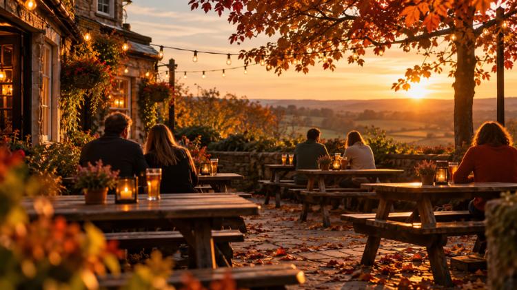 A pub beer garden at golden hour in autumn, with picnic tables, festoon lights and a countryside view