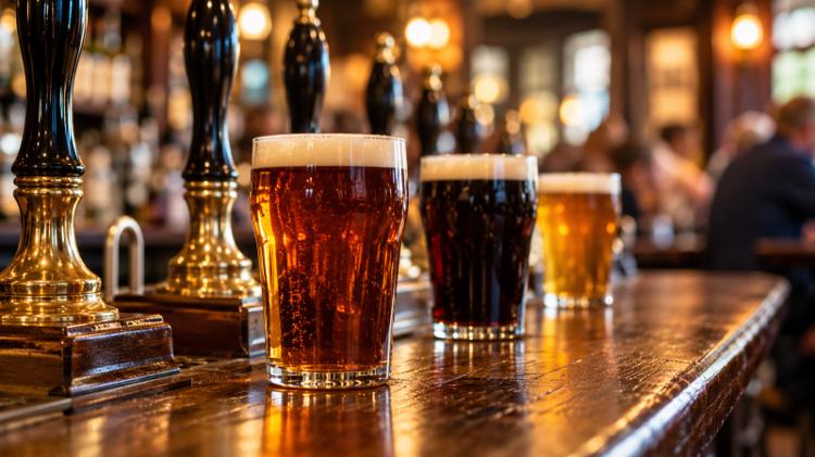 Three pints of ale and stout on a polished wooden bar, with brass hand pumps behind
