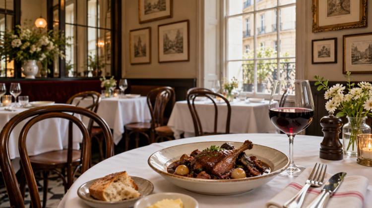 A bowl of coq au vin and a glass of red wine on a white tablecloth in a French bistro with bentwood chairs and a tall sash window