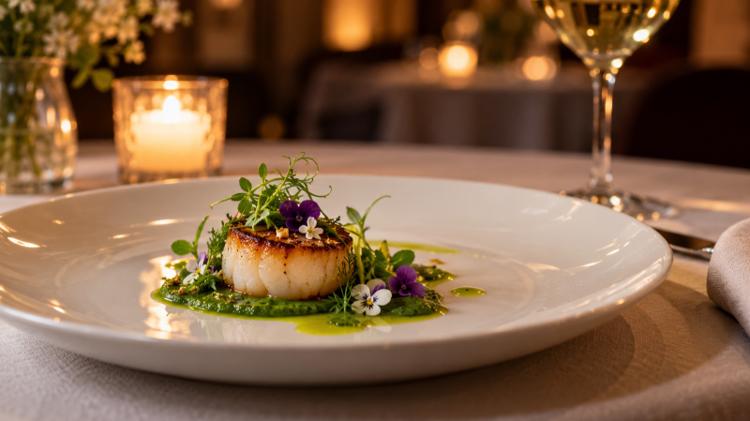 A seared scallop with green herb sauce and edible flowers on a white plate, a candle and a glass of white wine behind