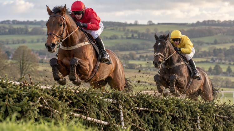 Two jump racehorses and their jockeys in red and yellow silks clearing a green birch steeplechase fence, with mud flying