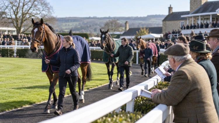 Grooms leading racehorses in rugs around a parade ring while racegoers in wool coats lean on the white rail with their racecards