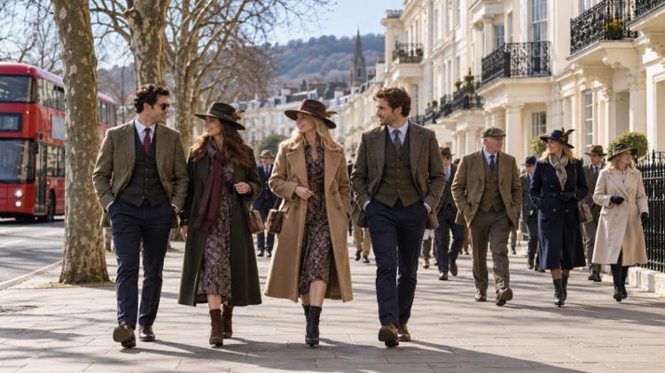 Racegoers in tweed jackets, long wool coats, hats and ankle boots walking past cream stucco Regency townhouses on a bright March morning