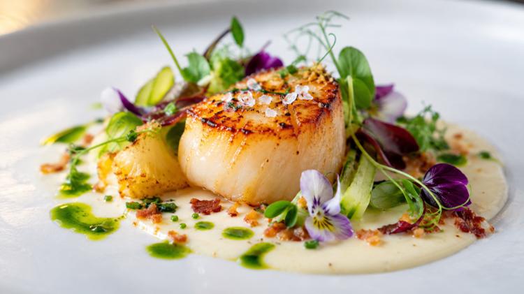A close-up of an elegant fine-dining dish arranged on a white plate