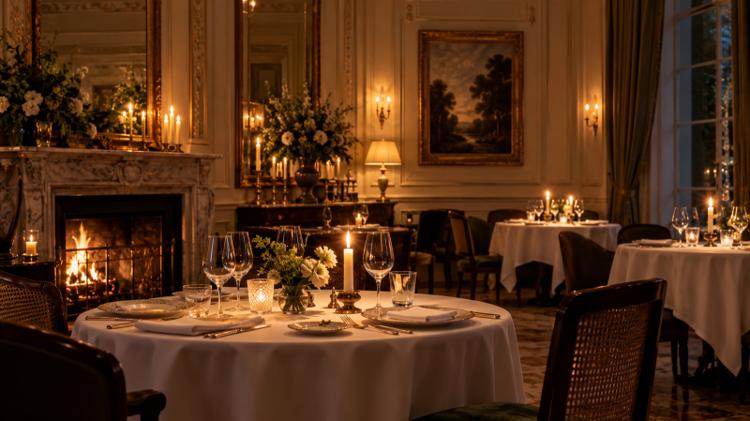 An intimate fine-dining room lit by candles, with tables laid with white tablecloths and no diners