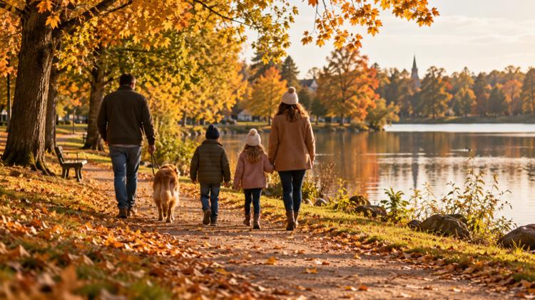 A family walking a dog along a path through a town park in autumn, seen from behind